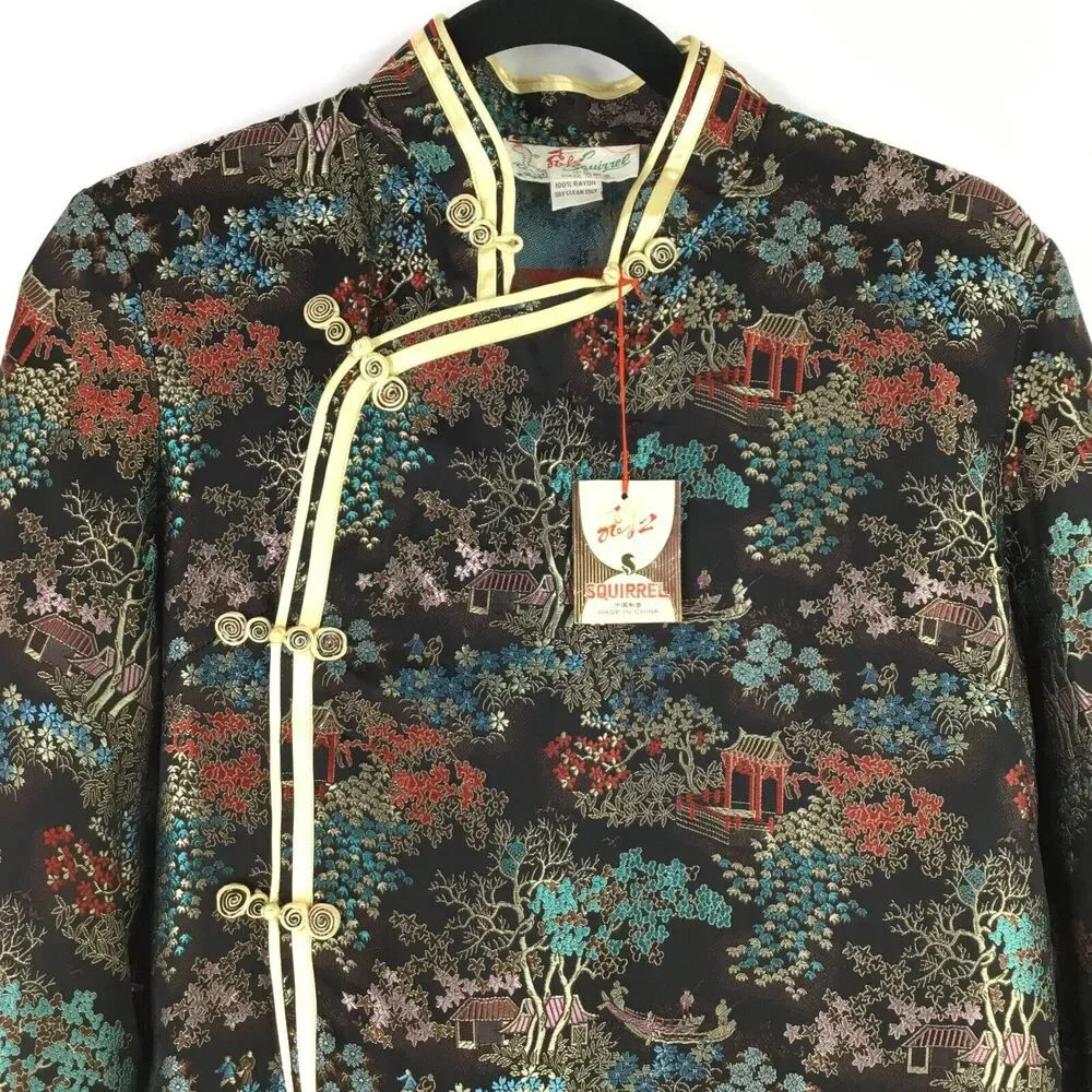 Vintage Solz Squirrel Satin Asian Jacket Womens sz L Black Multi 3/4 Sleeve NEW - Picture 2 of 11